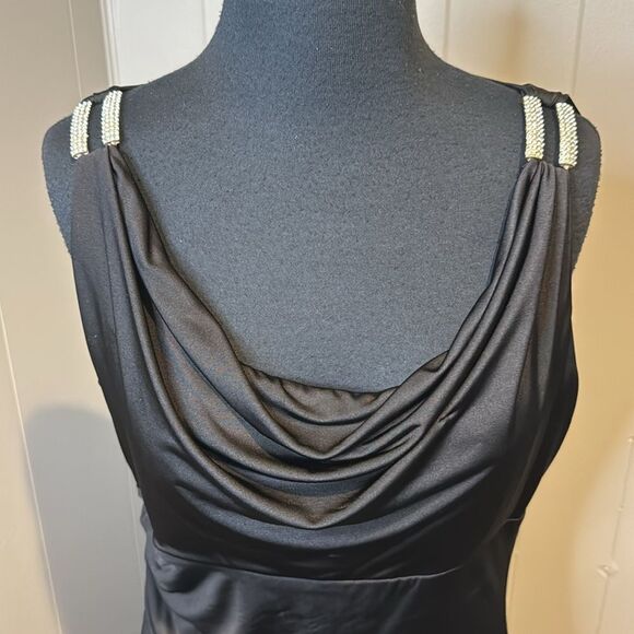 Calvin Klein black ruched draped neck sparkle rhinestone shoulder bar sheath. 8 - Picture 2 of 8